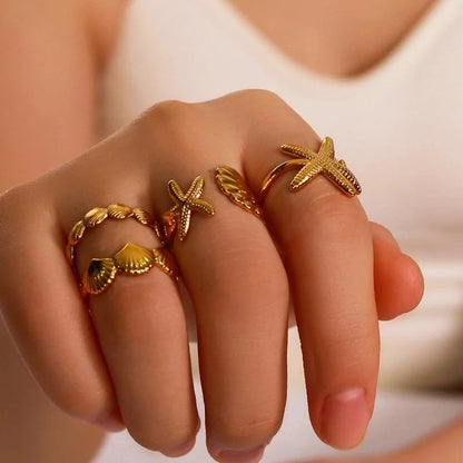 Vintage Style Modern Style Minimalist Starfish Shell 304 Stainless Steel 18K Gold Plated Plating Open Rings