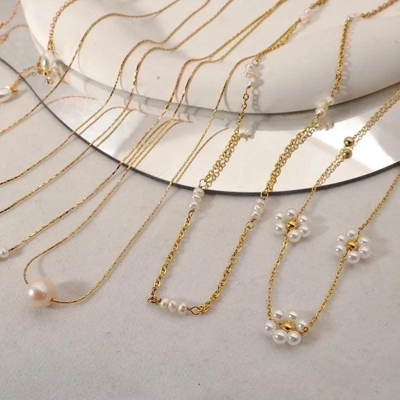 Fashion Round Flower 304 Stainless Steel 18K Gold Plated Pearl Plating Necklace