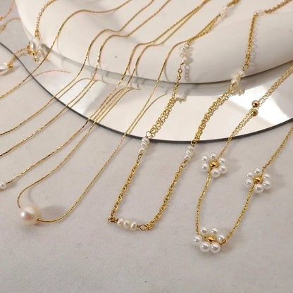 Fashion Round Flower 304 Stainless Steel 18K Gold Plated Pearl Plating Necklace