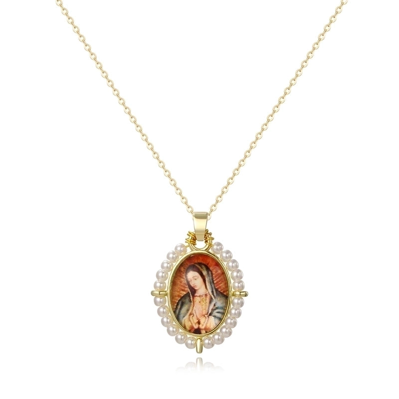 Copper 18K Gold Plated Inlay Human Virgin Mary Acrylic Imitation Pearl Pendant Necklace