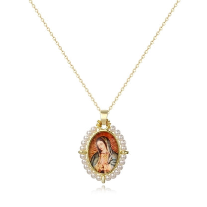 Copper 18K Gold Plated Inlay Human Virgin Mary Acrylic Imitation Pearl Pendant Necklace