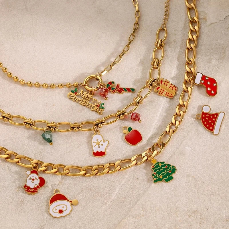 3 PCS/Package 304 Stainless Steel 18K Gold Plated Santa Claus Christmas Socks Snowman Pendant Jewelry Accessories