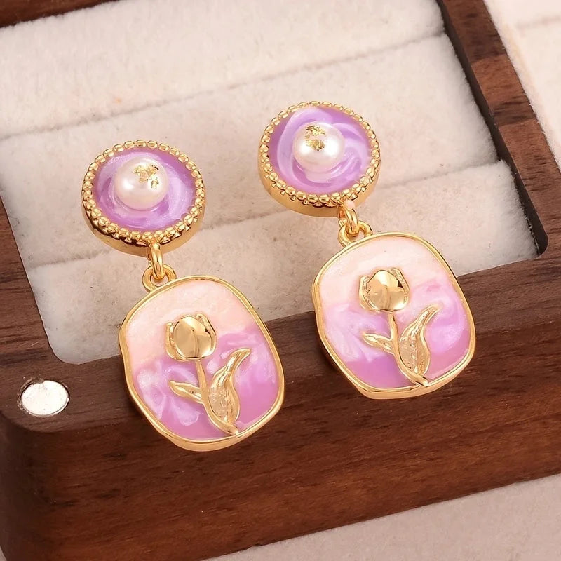 1 Pair Minimalist Classic Style Flower Butterfly Enamel Inlay Alloy Copper Natural Pearl Zircon Drop Earrings