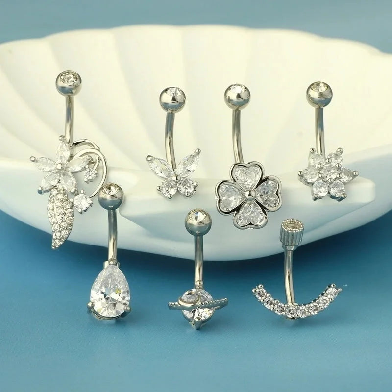 1 Piece Belly Rings Minimalist Heart Shape Wings Butterfly 316L Stainless Steel Copper Inlay Zircon