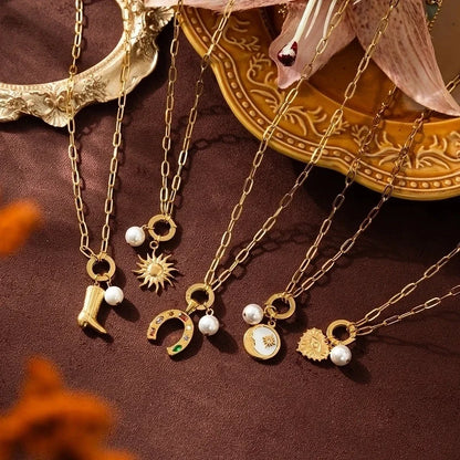 Minimalist Sun Moon Heart Shape 201 Stainless Steel 304 Stainless Steel Zircon 18K Gold Plated Beaded Pendant Necklace