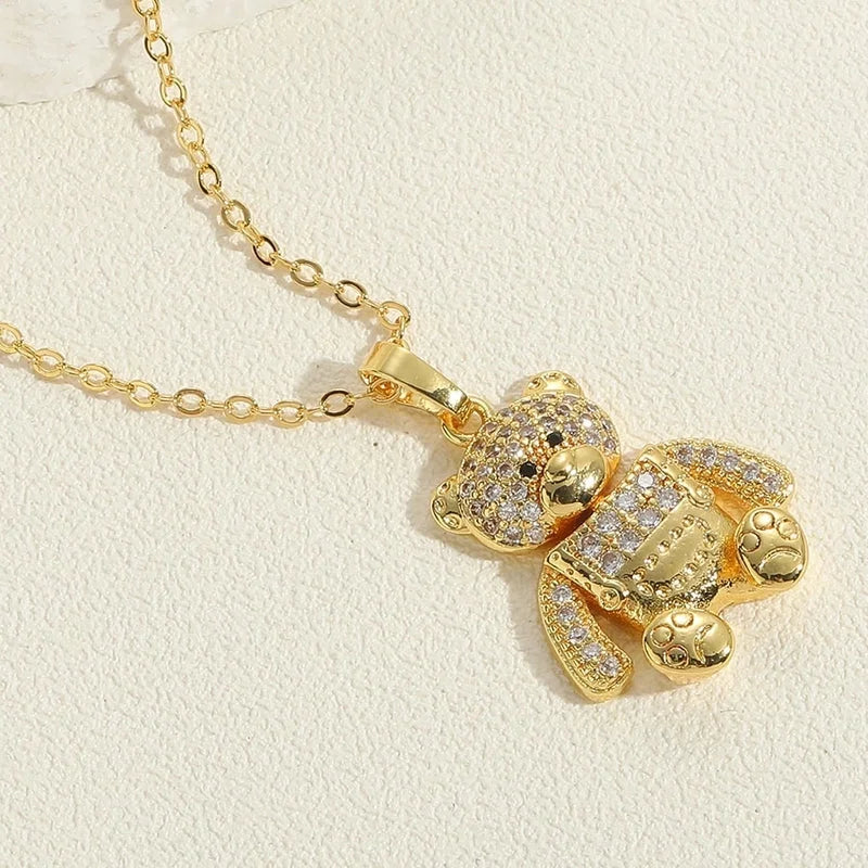 Vintage Style Minimalist Little Bear Stainless Steel Copper 14k Gold Plated Zircon Pendant Necklace In Bulk