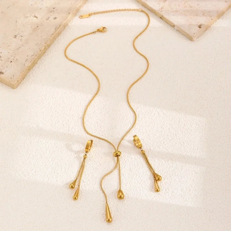 Elegant Fashion Minimalist Titanium Steel Water Drop Pendant Necklace Two-Piece Earrings Set Long Pull-out Advanced Accessories