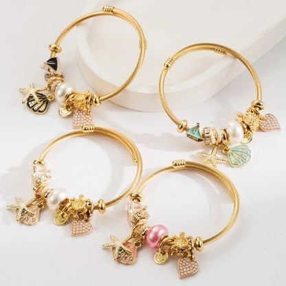 Casual Vacation Classic Style Shell Gold Plated Rhinestones Pearl 304 Stainless Steel Alloy Bangle