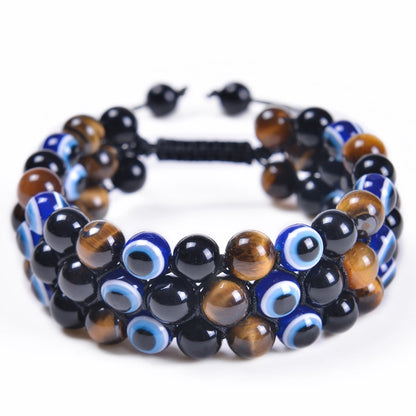 Fashion Bracelet Natural Blue Tiger Eye Handmade Woven Evil Eye Bracelet Men's Three-layer Bracelet