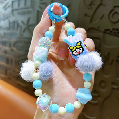 Creative Hand-painted Beads Plush Beaded Mobile Phone Chain Keychain Bag Hanging Headphone Bag Mobile Phone Case Accessories Beaded Chain