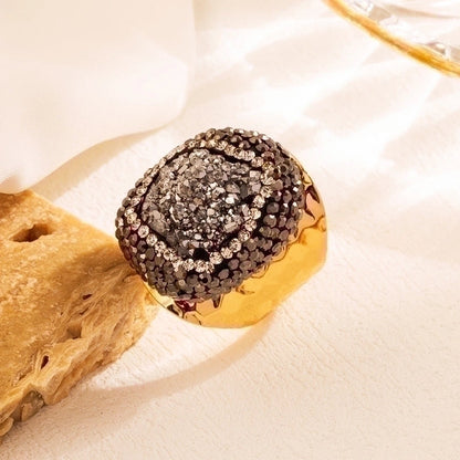 5 Pieces Elegant Retro Irregular Copper Plating Inlay Natural Stone Gold Plated Wide Band Ring