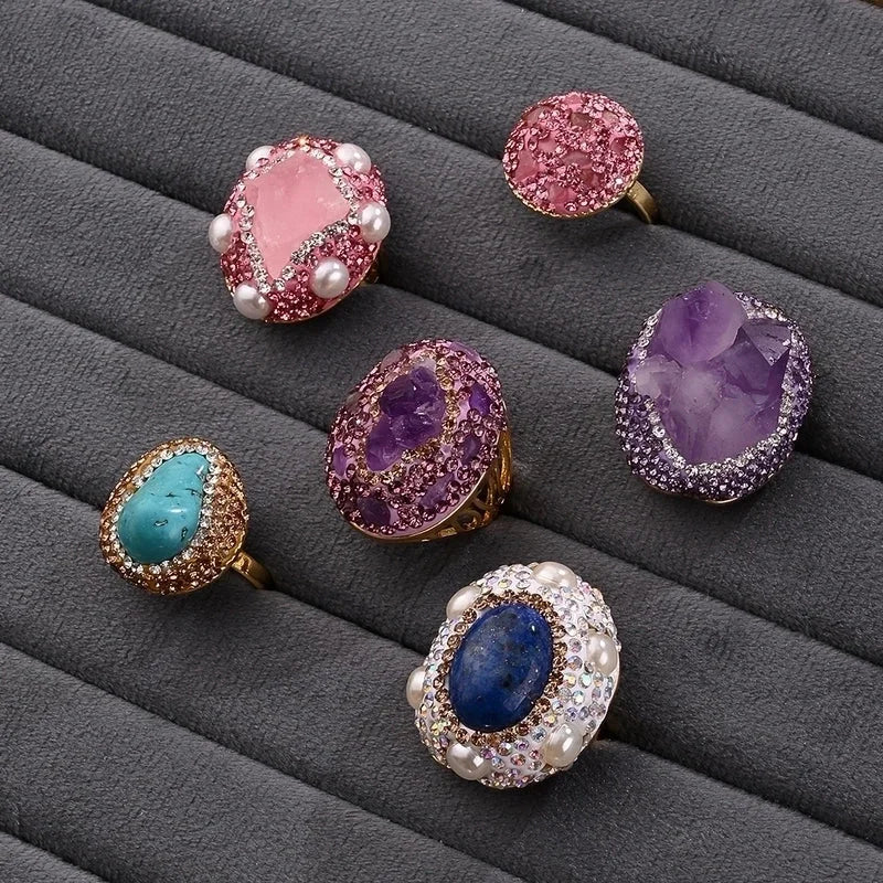 Casual Glam Vacation Irregular Round Oval Amethyst Copper Lapis Lazuli 18K Gold Plated Imitation Pearl Rhinestones Clay Adjustable Ring In Bulk