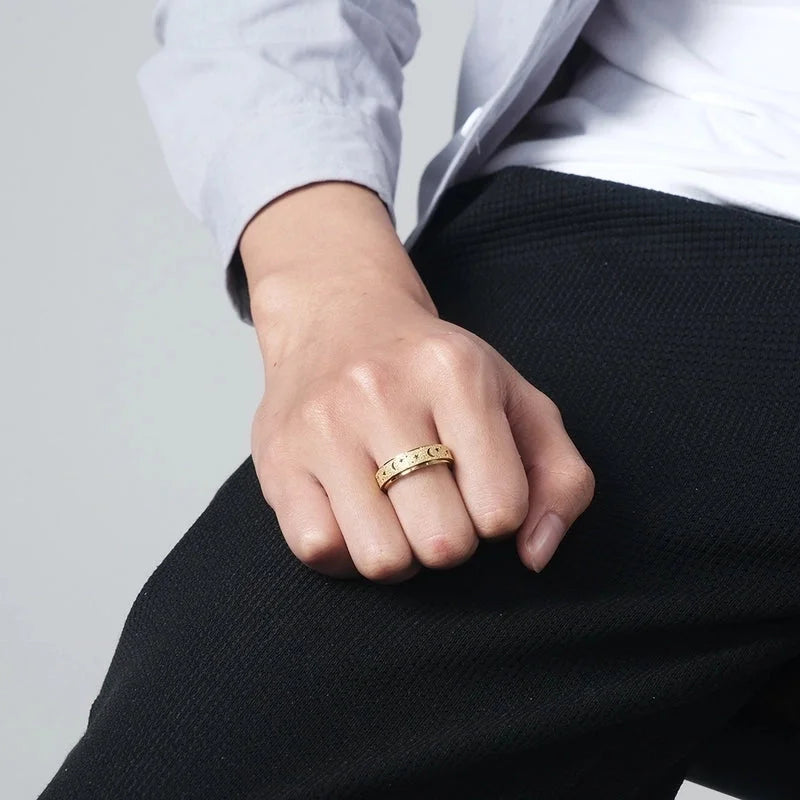 Fashion Frosted Hollow Star Moon Spinning Women's Stainless Steel Ring
