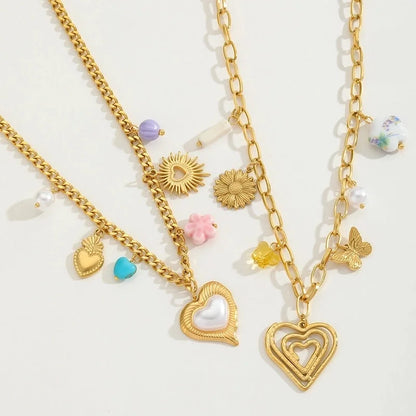 Elegant Vacation Heart Shape 304 Stainless Steel Imitation Pearl 18K Gold Plated Inlay Multi Charms Necklace