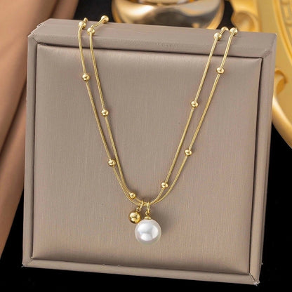 Minimalist Geometric 304 Stainless Steel Pearl 18K Gold Plated Polishing Plating Inlay Double Layer Necklaces