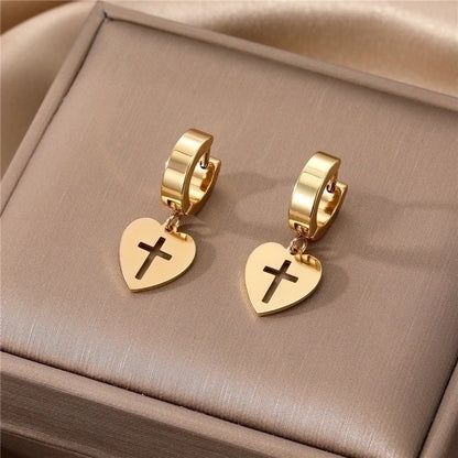 1 Pair Elegant Cross Heart Shape Enamel 201 Stainless Steel Alloy Dangling Earrings