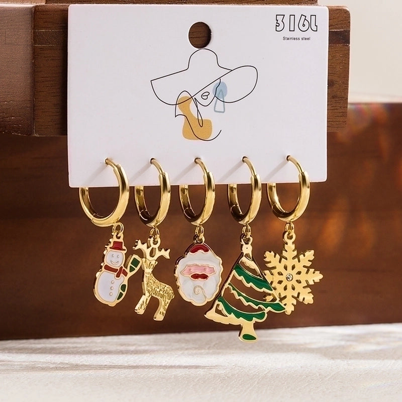 1 Set Christmas Cute Classic Style Christmas Tree Santa Claus Snowman Enamel Plating Stainless Steel Drop Earrings