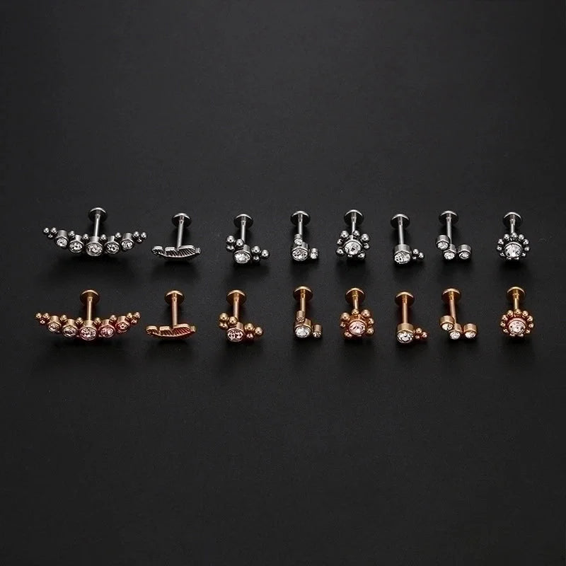 Fashion Leaf Round Stainless Steel Inlaid Zircon Eyebrow Nails Ear Studs 1 Piece