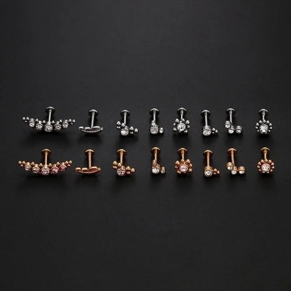 Fashion Leaf Round Stainless Steel Inlaid Zircon Eyebrow Nails Ear Studs 1 Piece