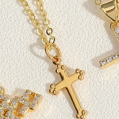 Vintage Style Minimalist Cross Copper 14k Gold Plated Zircon Pendant Necklace In Bulk