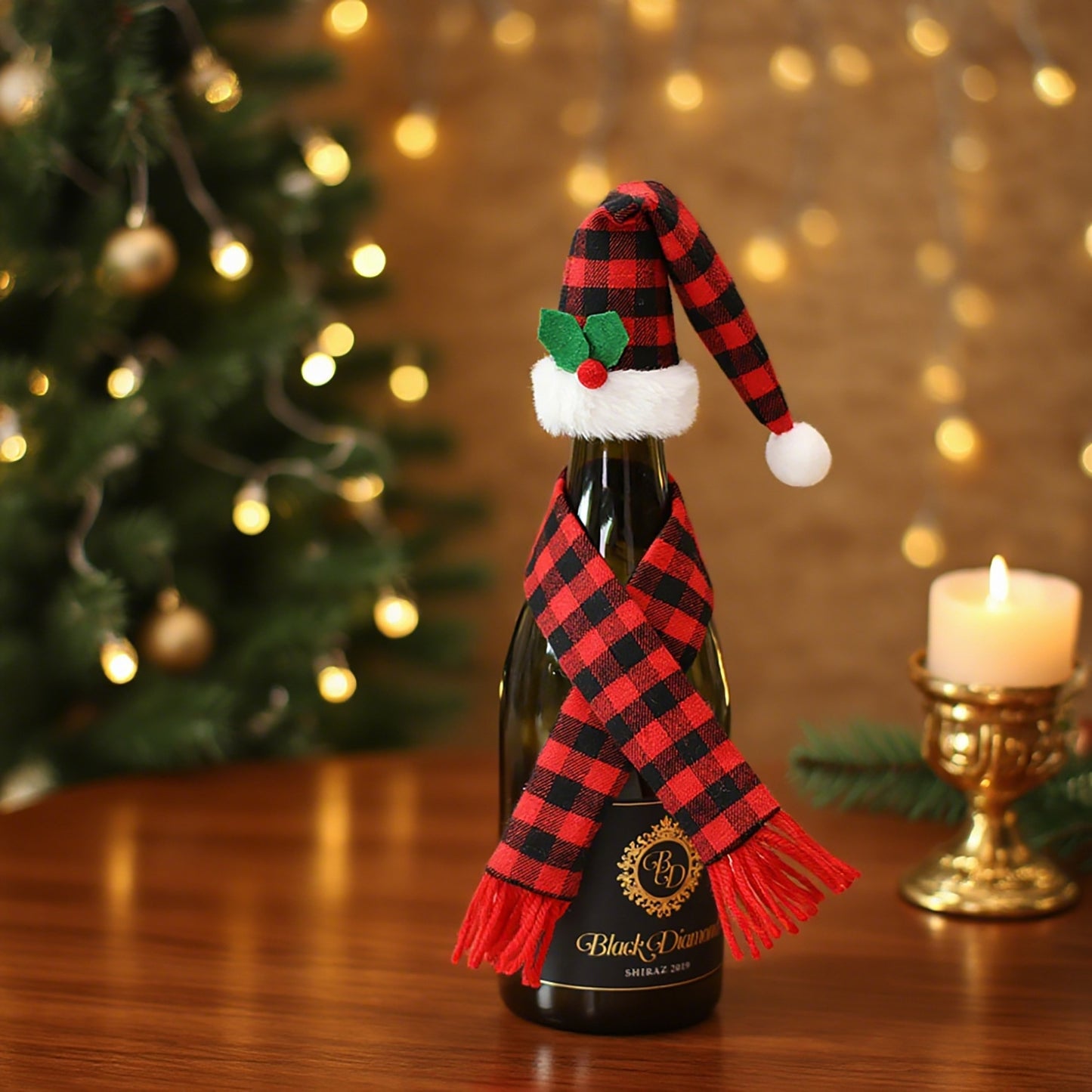 2 Sets Christmas Decoration Home Kitchen Tabletop Decoration Props Plaid Cloth Set Red Wine Bottle Cover Wine Bottle Bag