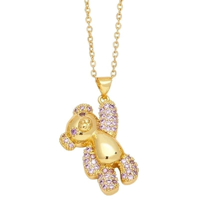 Cute Sweet Minimalist Little Bear Copper 18k Gold Plated Zircon Necklace In Bulk