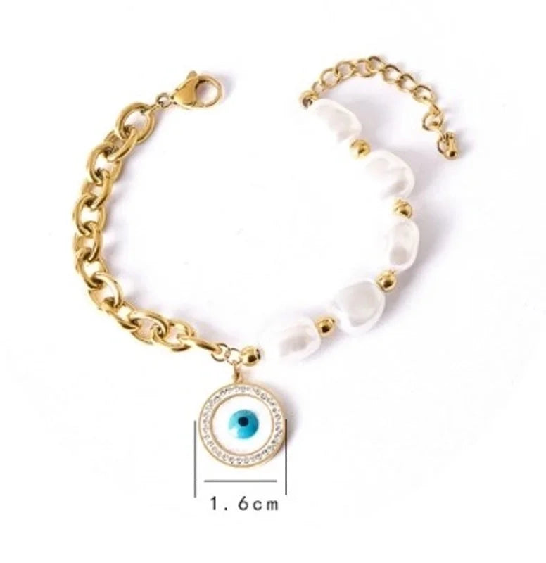 Sweet Geometric Devil's Eye Heart Shape 304 Stainless Steel 18K Gold Plated Artificial Pearls Rhinestones Shell Bracelets In Bulk