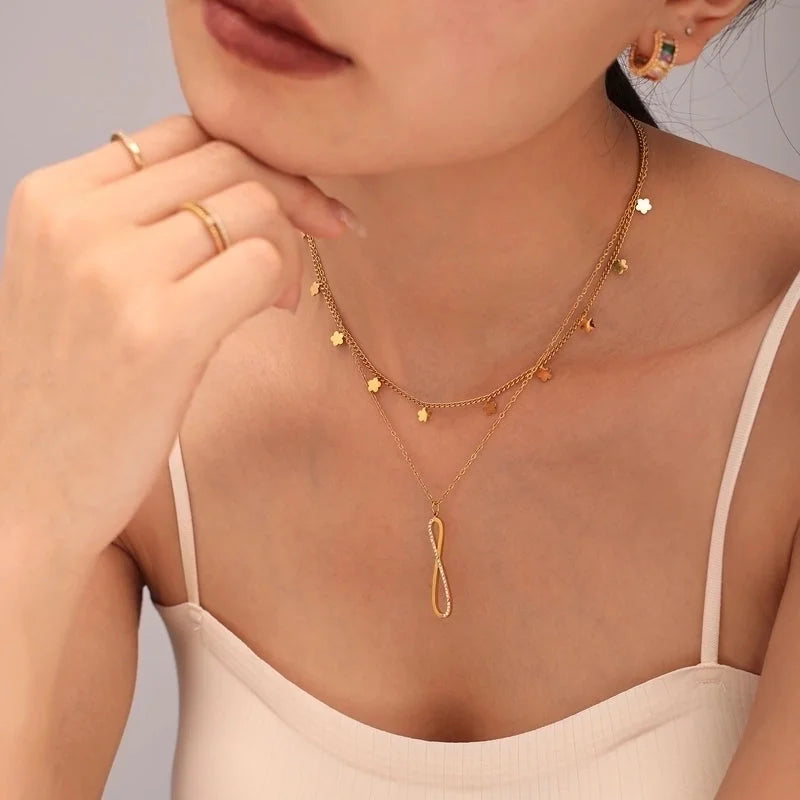 Elegant Luxurious Infinity 304 Stainless Steel Zircon 18K Gold Plated Plating Inlay Bracelets Necklace