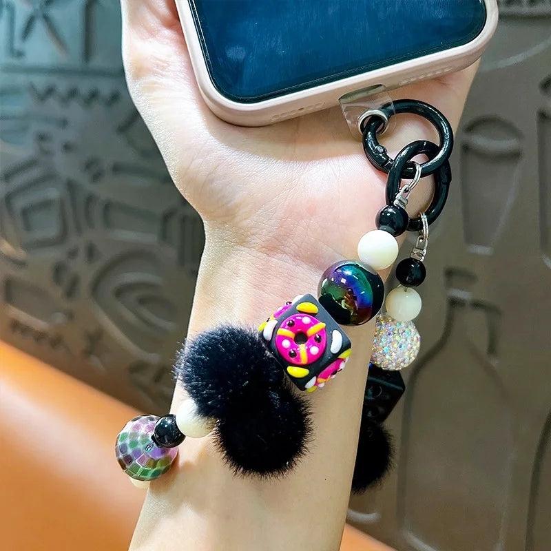 Creative Hand-painted Beads Plush Beaded Mobile Phone Chain Keychain Bag Hanging Headphone Bag Mobile Phone Case Accessories Beaded Chain