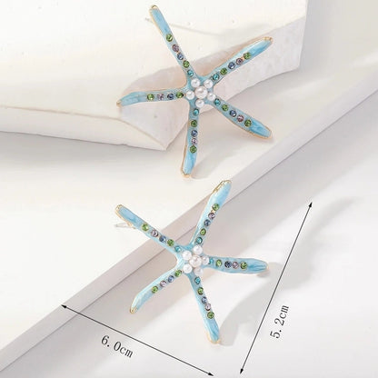 1 Pair Retro Beach Minimalist Starfish Shell Inlay Alloy Rhinestones Pearl Gold Plated Ear Studs