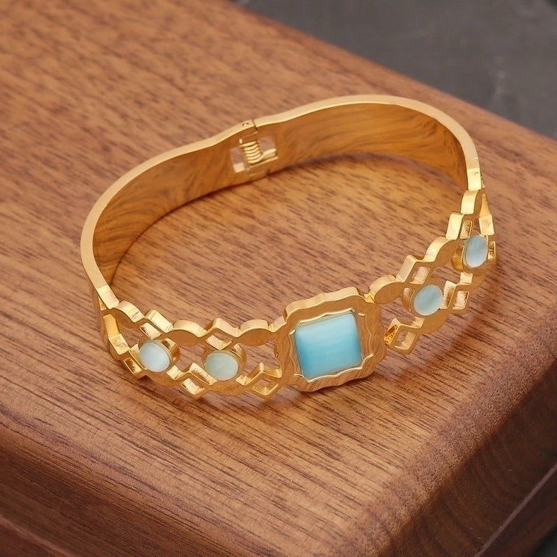 Basic Retro Modern Style Geometric Stainless Steel 18K Gold Plated Opal Bangle In Bulk