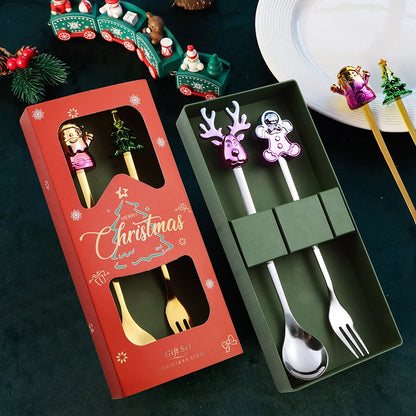J Christmas Spoon Set Cartoon Colorful Santa Claus Christmas Tree Spoon Fork Coffee Dessert Spoon Gift Box