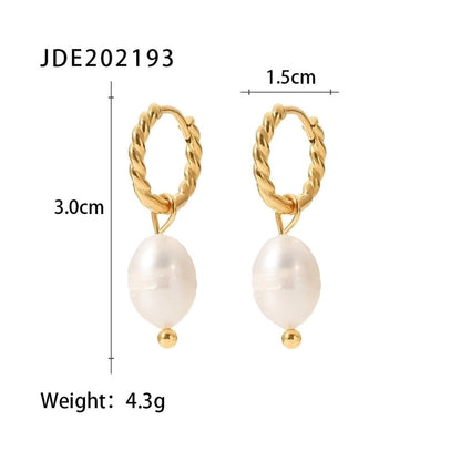 1 Pair French Style Geometric Twist Ring 316 Stainless Steel Freshwater Pearl Hoop Earrings Drop Earrings