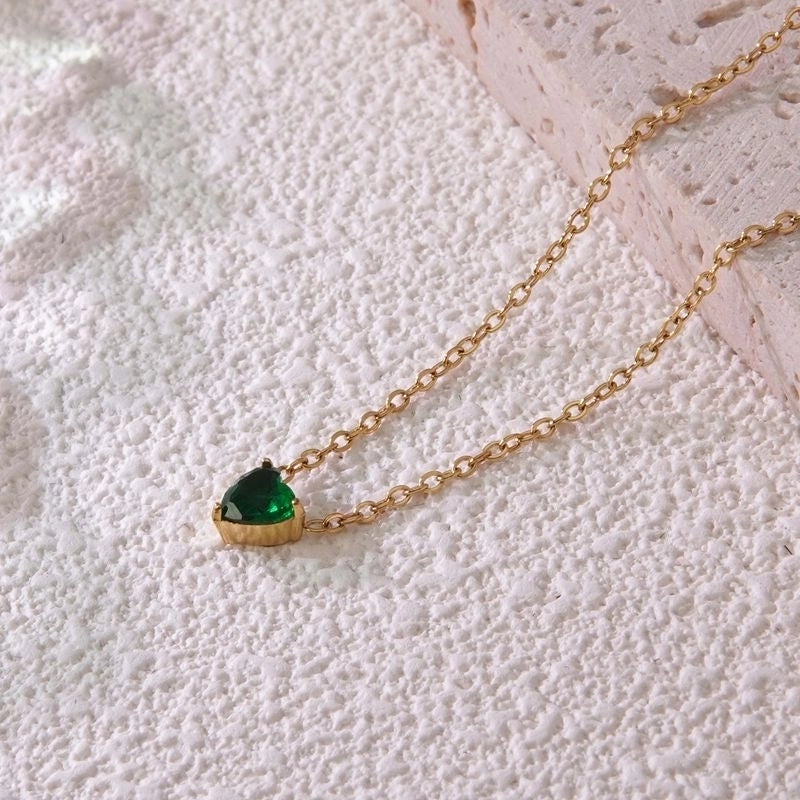 Sweet Minimalist Commute Heart Shape 304 Stainless Steel Rhinestones Birthstone 18K Gold Plated Inlay Necklace