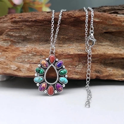 Alloy Vintage Style Bohemian Plating Inlay Oval Turquoise Pendant Necklace