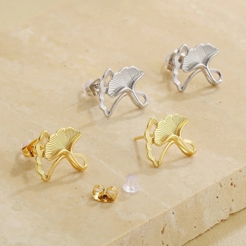1 Pair Casual Vintage Style Ginkgo Leaf Inlay 304 Stainless Steel Pearl 18K Gold Plated Ear Studs