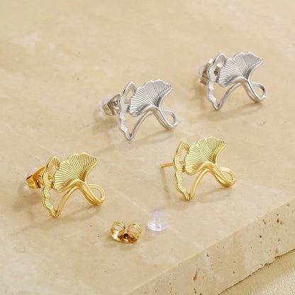 1 Pair Casual Vintage Style Ginkgo Leaf Inlay 304 Stainless Steel Pearl 18K Gold Plated Ear Studs