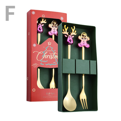J Christmas Spoon Set Cartoon Colorful Santa Claus Christmas Tree Spoon Fork Coffee Dessert Spoon Gift Box