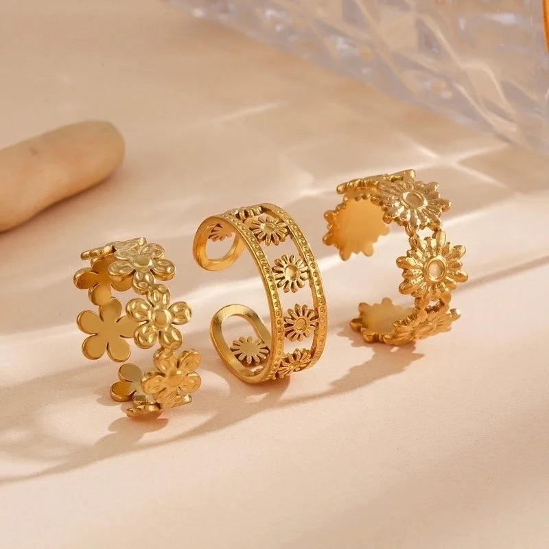 Minimalist Flower 304 Stainless Steel Plating Open Rings