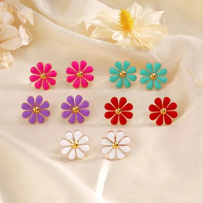 Minimalist Classic Style Flower 304 Stainless Steel Resin 18K Gold Plated Enamel Rings Earrings