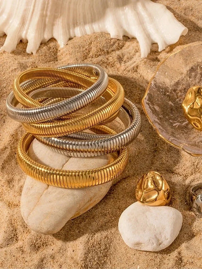 Thick Popular Jewelry Elastic Wide Titanium Steel Bracelet Female Light Luxury Niche Exaggerated Metal Vertical Stripe Ring