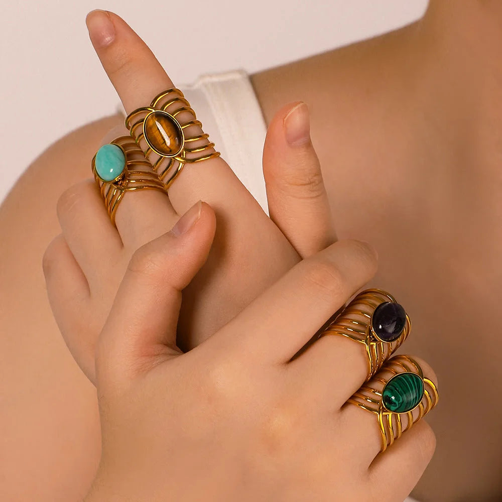 Open Ring IG Style Natural Stone Geometric Stainless Steel Electroplating Rings