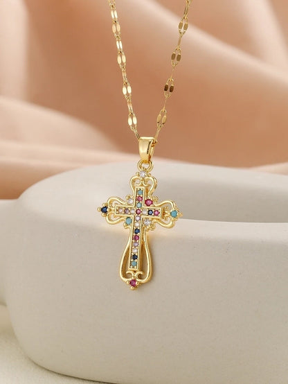 Copper Inlay Cross Rhinestones Pendant Necklace
