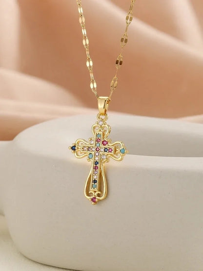 Copper Inlay Cross Rhinestones Pendant Necklace