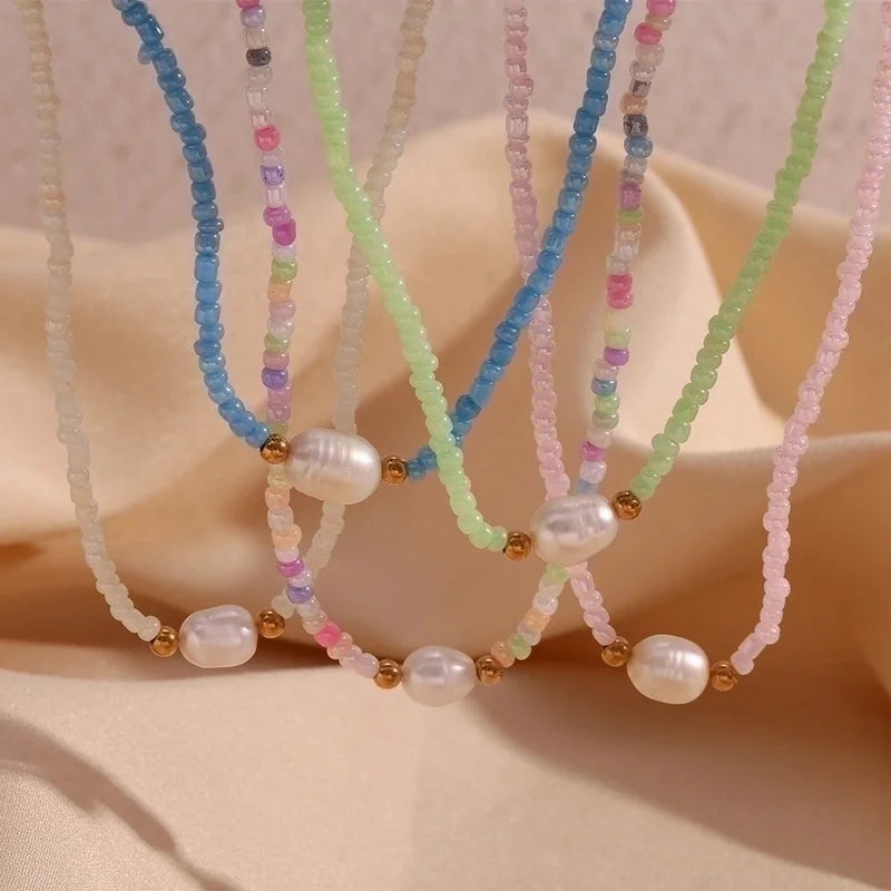 Casual Basic Solid Color 304 Stainless Steel Freshwater Pearl Seed Bead 18K Gold Plated Beaded Plating Necklace