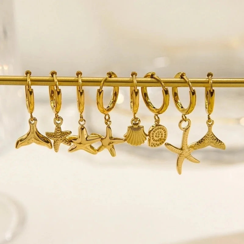 3 Pieces Beach Tortoise Starfish Shell Plating 304 Stainless Steel 14K Gold Plated Earrings