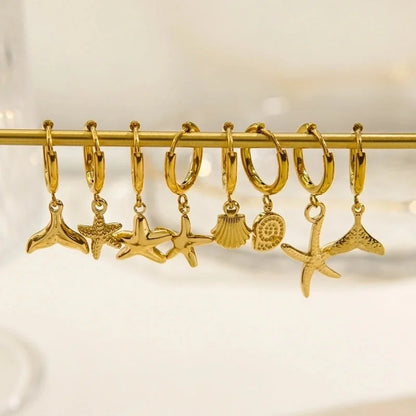 3 Pieces Beach Tortoise Starfish Shell Plating 304 Stainless Steel 14K Gold Plated Earrings