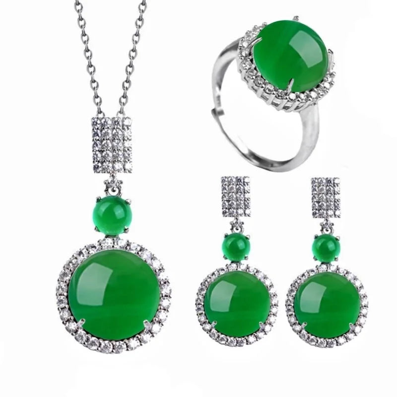 Temperament Fashion Natural Chalcedony Earring Ring Pendant Necklace Jewelry Set High Ice Complete Jade Three-piece Set