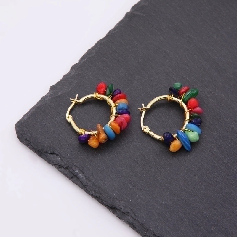 2 Pieces Ethnic Style Bohemian Tropical Solid Color Handmade Plating Natural Stone Copper 18k Gold Plated Hoop Earrings
