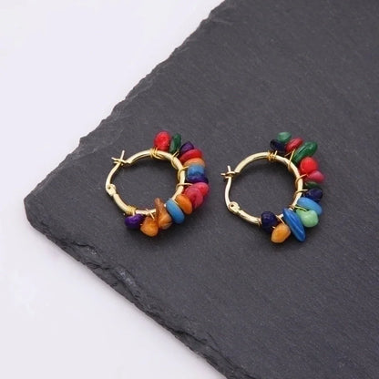 2 Pieces Ethnic Style Bohemian Tropical Solid Color Handmade Plating Natural Stone Copper 18k Gold Plated Hoop Earrings